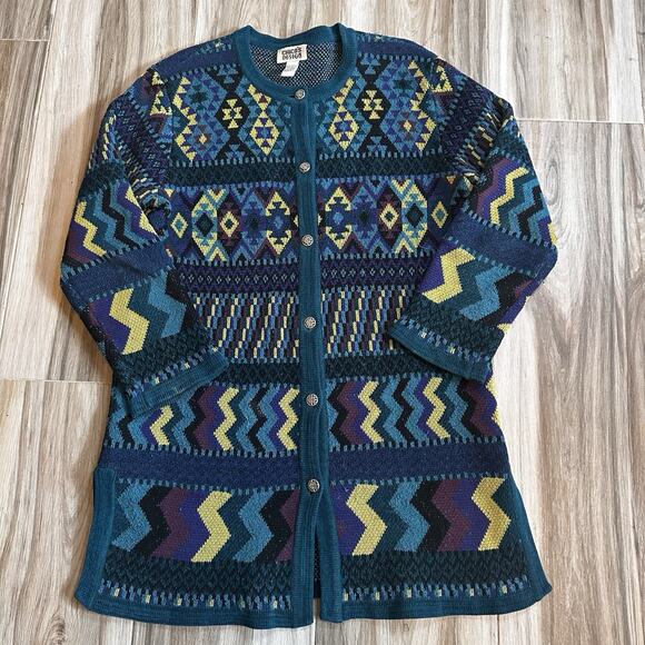 VTG Chico's Design Open Sweater Cardigan Size 1/M Navajo Aztec Southwestern Boho - Picture 1 of 5